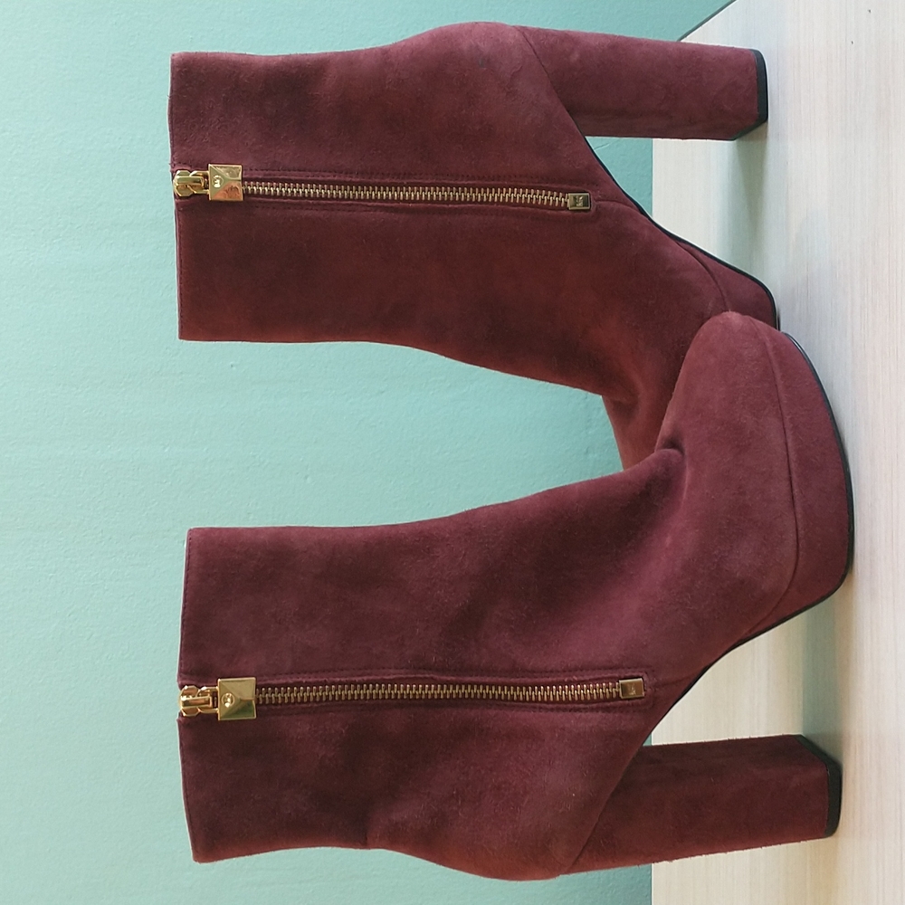 Michael Kors Frenchie Luxury Burgundy Suede Platform Booties w/Shiny Gold Zipper